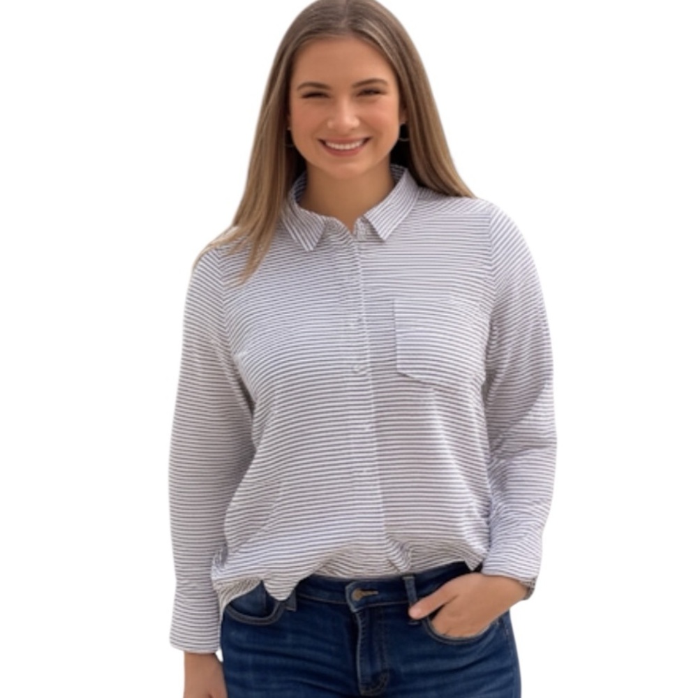 Banana Republic Quinn Boy Fit Striped Linen Blend Button-Up Shirt Women's Medium
